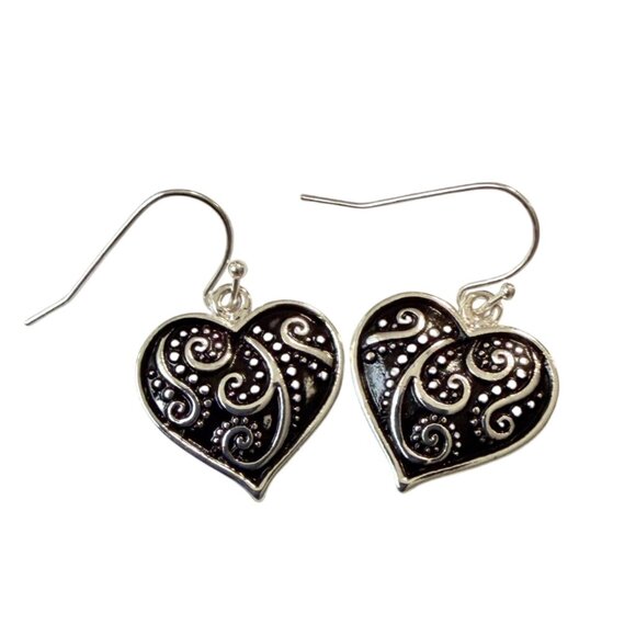 Y2K Vintage Bali Silver Tone Heart Filigree Dangle Earrings 1-1/8" Nickel Free - Picture 2 of 8